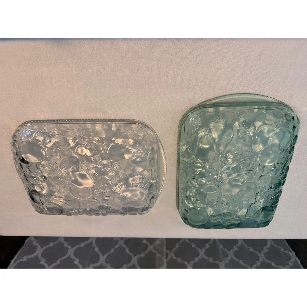 Vintage Libbey Orchard Fruit Baking Dish Set Clear Green Glass Oven Proof 2pc